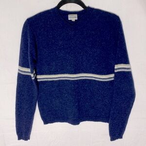 Vintage 90s Fibres Blue Lambswool V Neck Sweater W White & Grey Chest Stripe XS